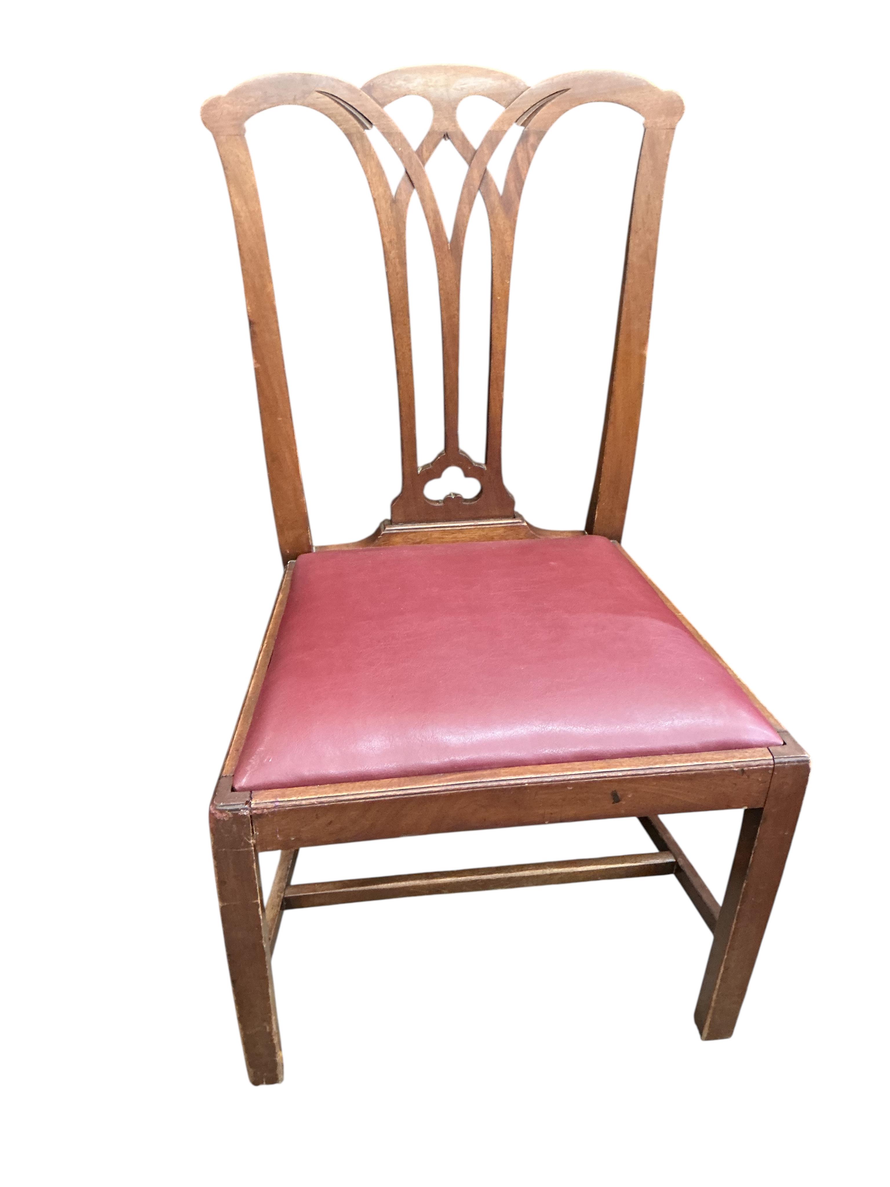 A set of five George III style mahogany dining chairs, one with arms, drop in seats recently re covered. (Bought from the Christie’s Malmesbury House auction, February 2007).